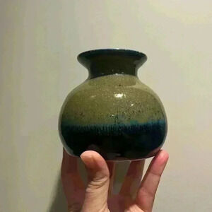 Handspun ceramic/pottery vase, signature on bottom, blue and green glaze